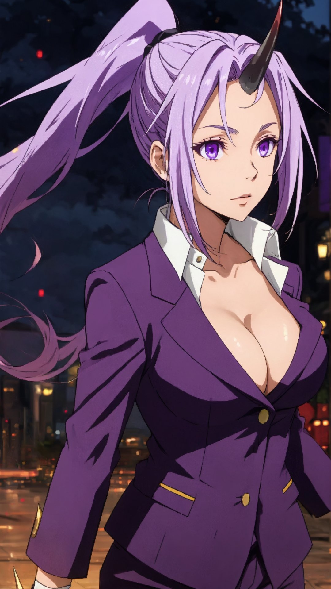 Shion,  Real Single Horn,  Purple Eyes,  Purple Hair,  Long Hair,  Ponytail,<lora:EMS-267949-EMS:0.600000>