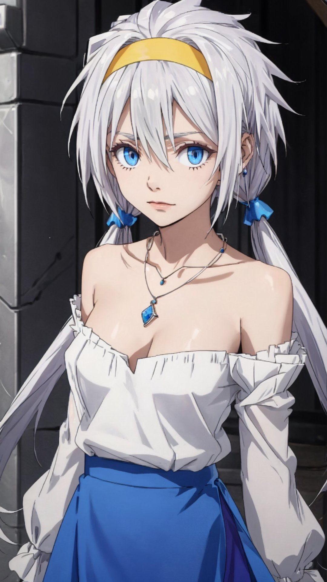 Velzard,  Bangs,  Blue Eyes,  Grey Hair,  Hair Between Eyes,  Long Hair,  Twintails,  Yellow Hairband,  Jewelry,  Necklace,<lora:EMS-267949-EMS:0.600000>