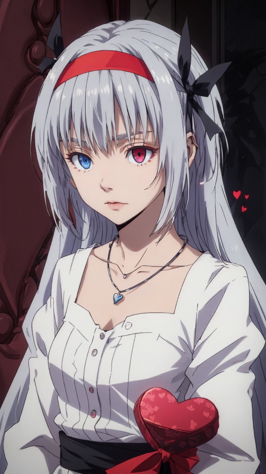 Luminous Valentine,  Luminus Valentine,  Hairband,  Necklace,  Blue Eyes,  Heterochromatic Eyes,  Red Eyes,  Grey Hair,  Very Long Hair,<lora:EMS-267949-EMS:0.600000>