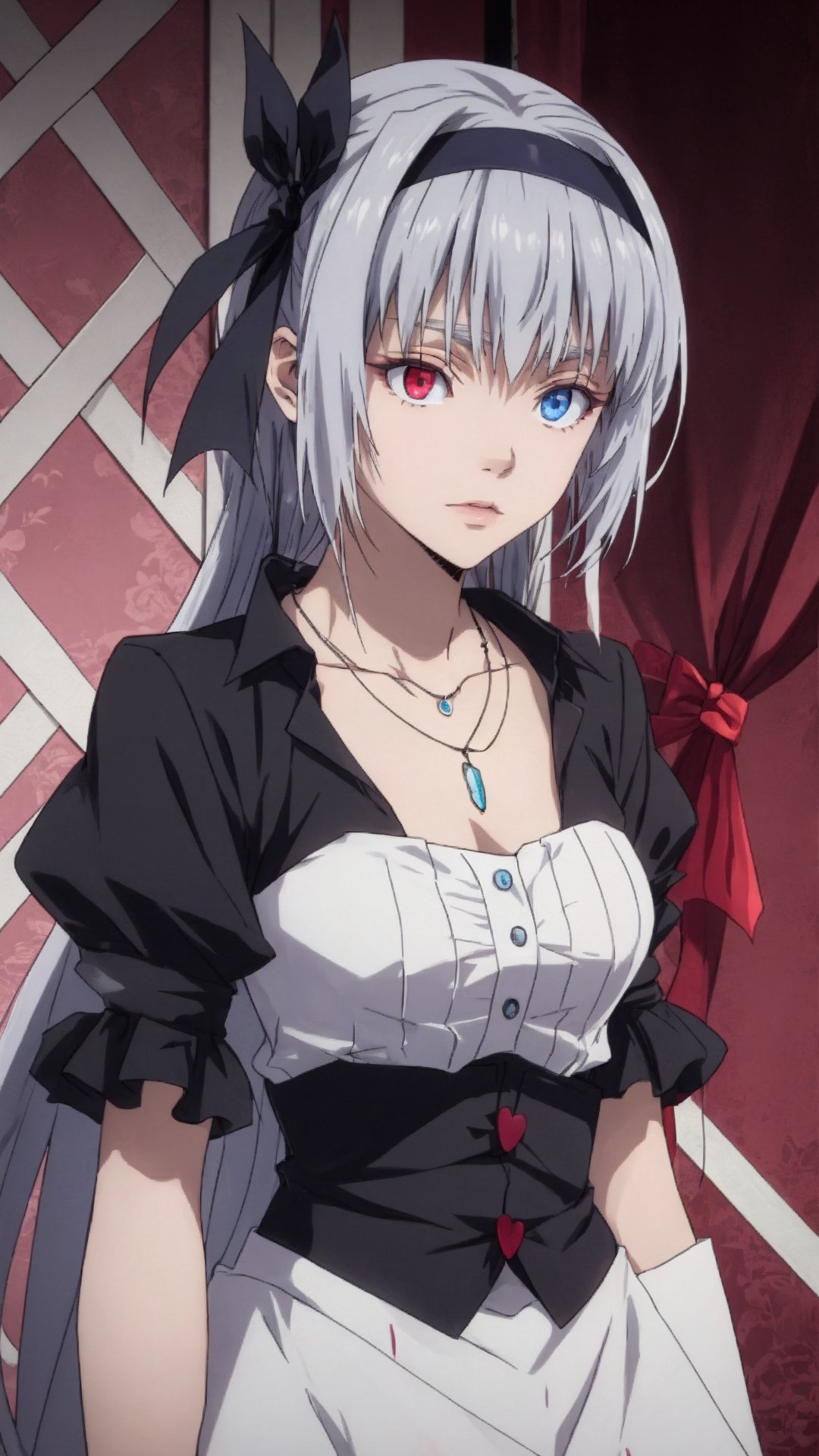 Luminous Valentine,  Luminus Valentine,  Hairband,  Necklace,  Blue Eyes,  Heterochromatic Eyes,  Red Eyes,  Grey Hair,  Very Long Hair,<lora:EMS-267949-EMS:0.600000>