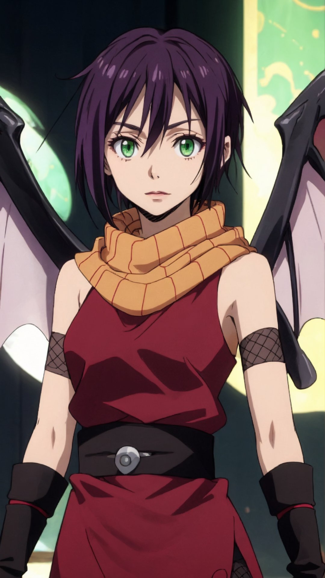 SOUKA,  wings,  green eyes,  purple hair,  short hair,  fair skin,<lora:EMS-267949-EMS:0.600000>