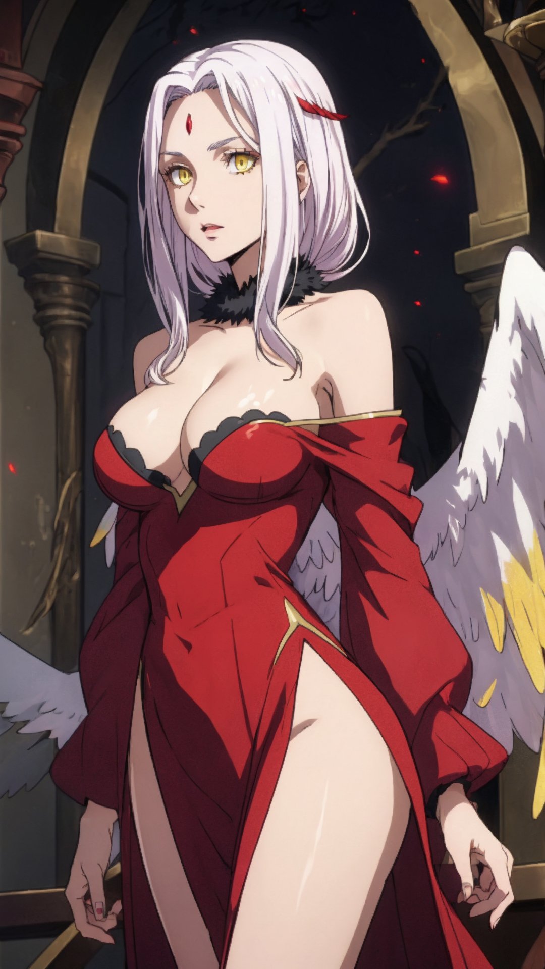 Frey,  Absolute Cleavage,  Wings,  Yellow Eyes,  White Hair,  Shoulder-Length Hair,  Fair Skin,<lora:EMS-267949-EMS:0.600000>