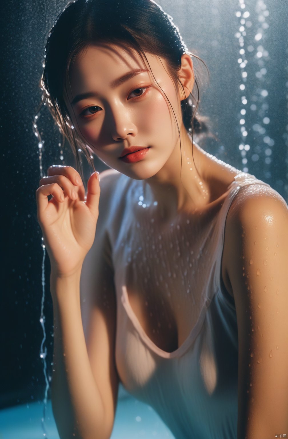  photographic of a Chinese girl wet T-shirt water drops, splash detailed, surreal dramatic lighting shadow (lofi, analog), kodak film by Brandon Woelfel Ryan McGinley