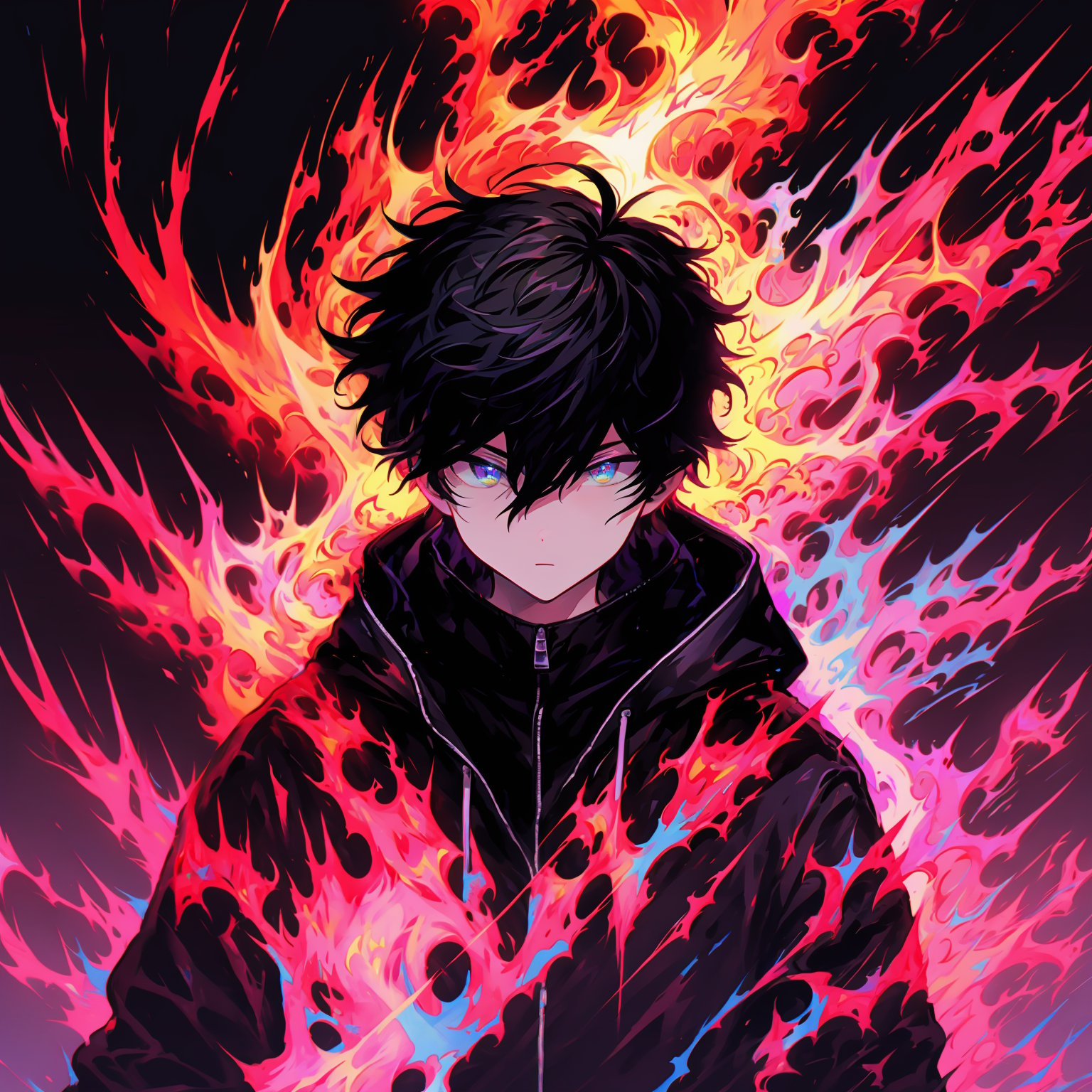 glitchcore,solo,1boy,black hair,male focus,jacket,upper body,black jacket,blue eyes,looking at viewer,closed mouth,fire,short hair,hood,multicolored eyes,hood down,hooded jacket,<lora:glitchcore:0.8>,