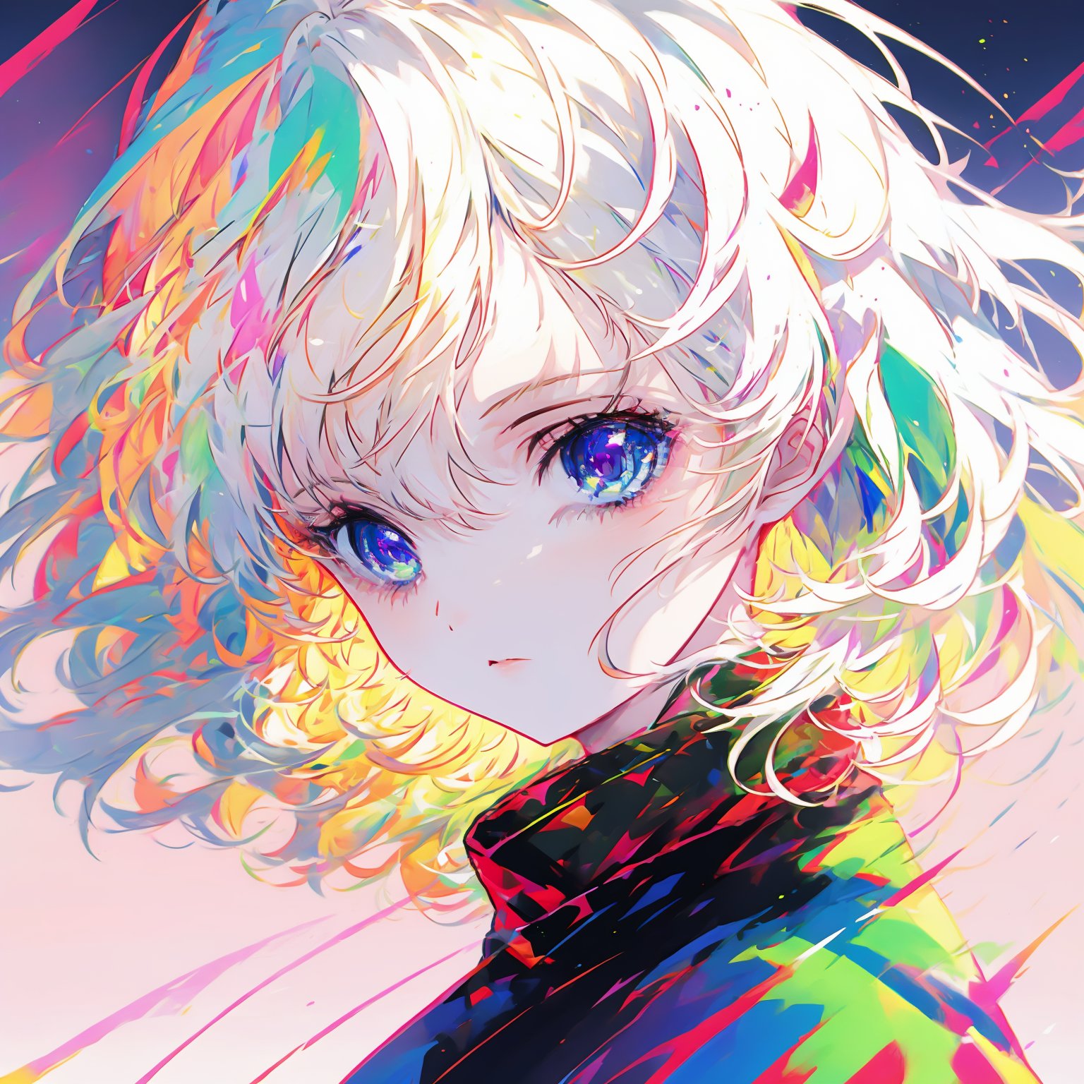 glitchcore,solo,blue eyes,looking at viewer,1girl,short hair,white hair,hair between eyes,portrait,closed mouth,bangs,abstract,colorful,multicolored background,<lora:glitchcore:0.8>,<lora:AComics_v3:0.8>,