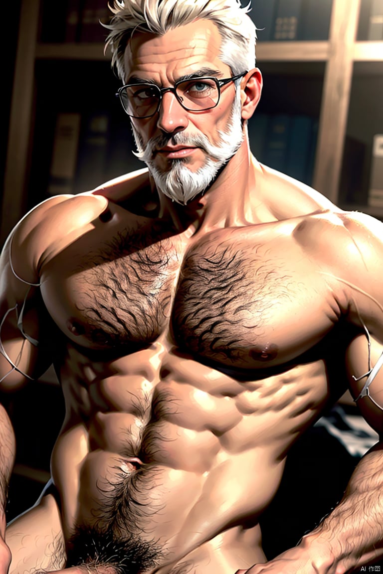  chest_hair, facial_hair, male_pubic_hair, male_focus, beard, old_man