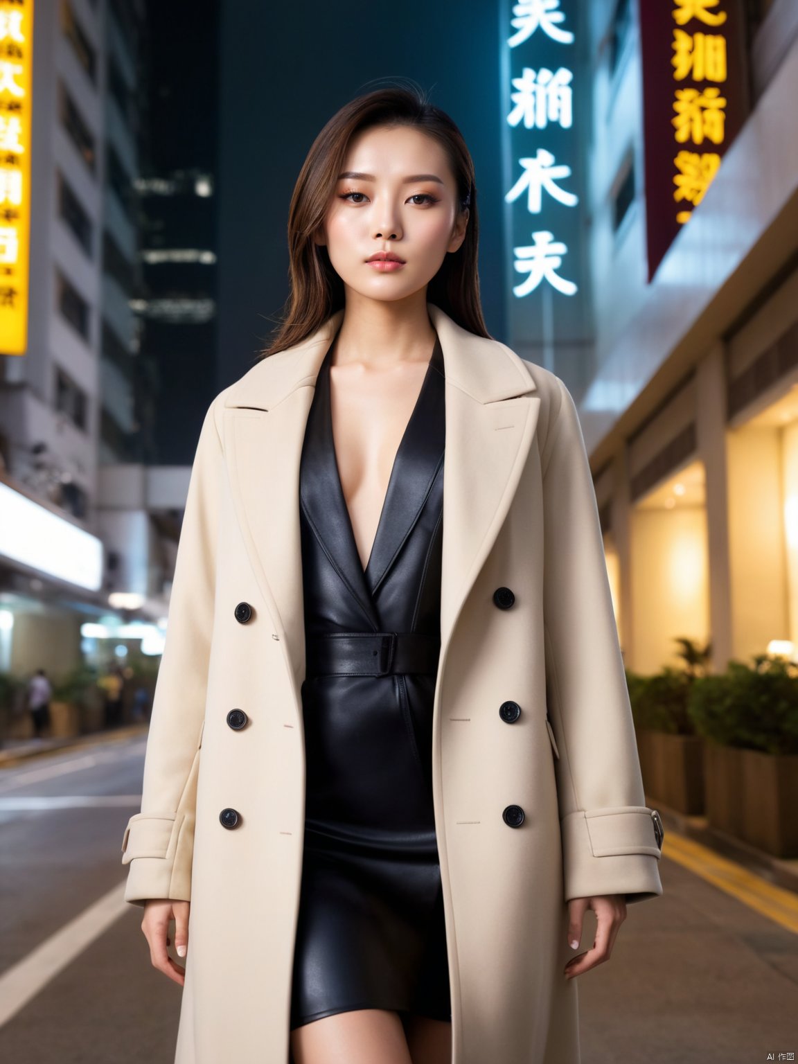  Best Quality, Hyper-Realistic, (Ultra High Resolution), Masterpiece, 8K, RAW Photo, Cover Art, Light, Photo Art, Realistic, Coat, Street, Night, Hotel, Hong Kong Wind, Movie Cover, Dynamic Angle, Close-up, Sight,Half body photo, xiqing