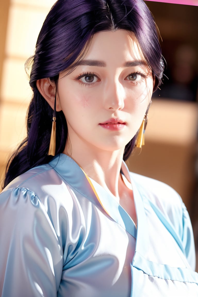 A 40-year-old lady in a traditional, elegant Hanbok, showcasing a more natural and realistic appearance. The Hanbok is in tasteful pastel colors, enhancing her subtle beauty. This image aims to capture a high level of realism, akin to a photograph taken with a Hasselblad camera. It includes fine details such as distinct pores on her forehead and cheeks, a small scar on her chin from a childhood accident, and a slightly asymmetrical mouth and eyes. The overall look should be a harmonious blend of cultural elegance and realistic, individual characteristics.",NahoK2, mature woman, large breasts, purple hair,