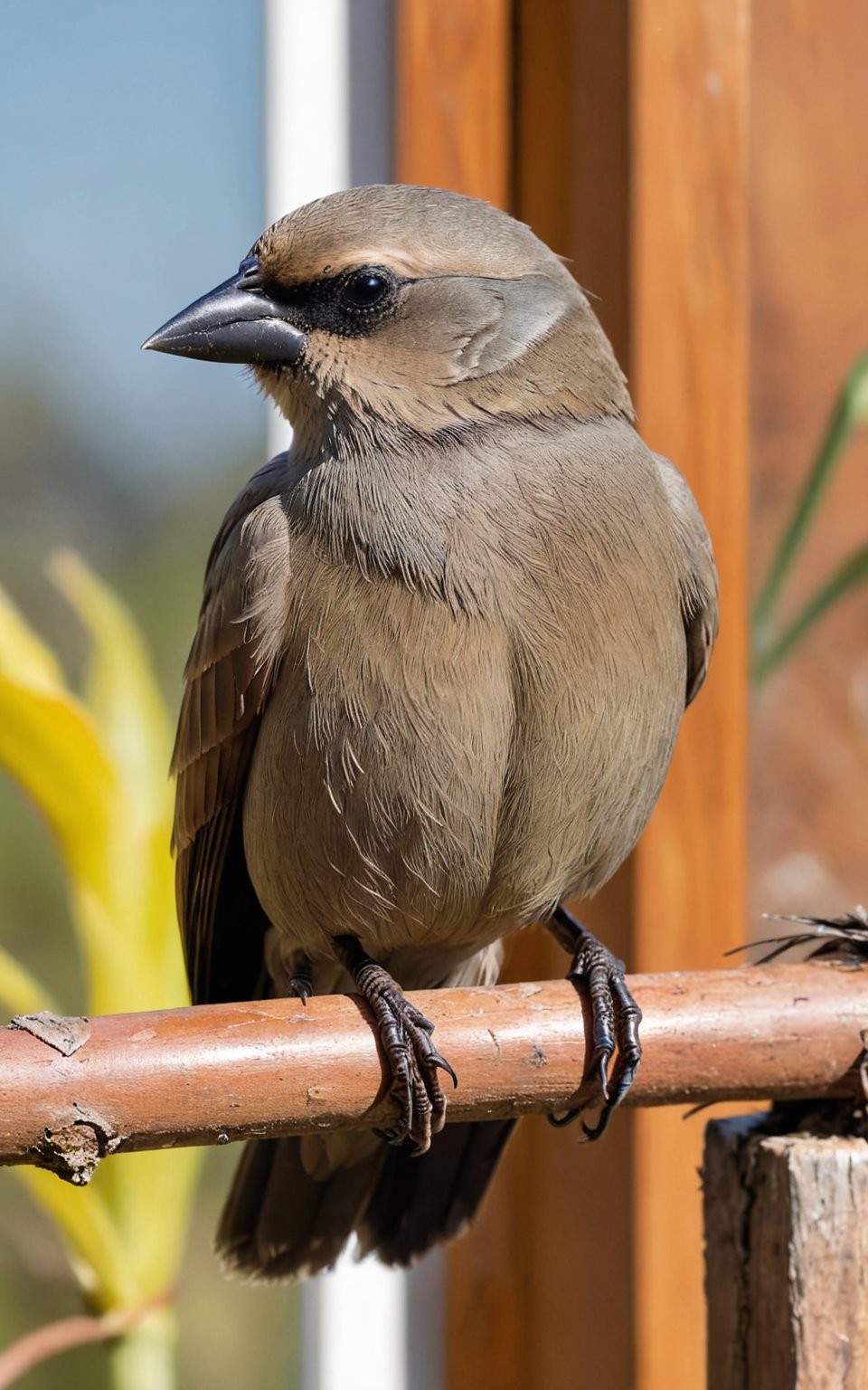 Professional photo, realistic, (female Grayish Baywing:1.3) bird sitting on an (open window:1.4) sill. BREAK It's a cute bird about 7 inches long, with (brownish-gray plumage:1.3), (the wings feathers have a reddish-brown tone:1.4). The region between the eyes and nostrils is black, it has black eyes, black legs, (short and stubby black beak:1.4), gbaywing,low-key