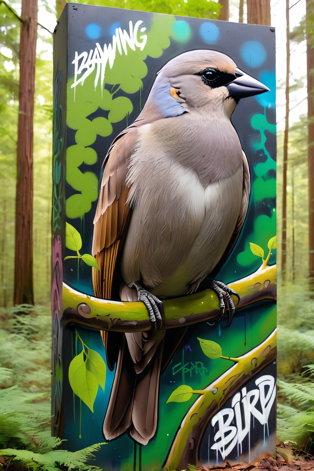 a graffiti wall, the artwork of a Grayish Baywing bird with detailed features, in an epic forest landscape, gbaywing