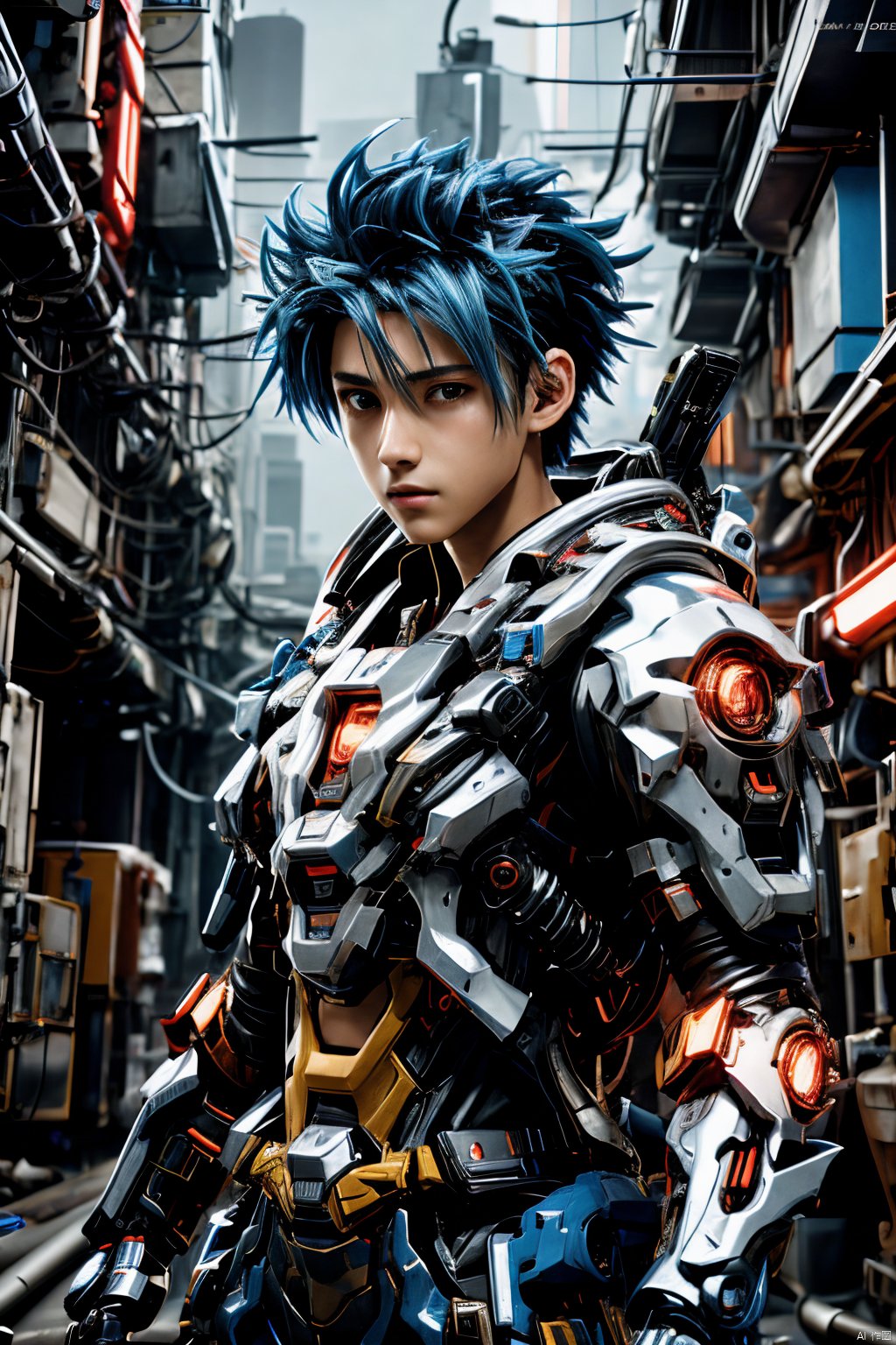  anime artwork young boy \(cyberpunk\), young boy, (spiked blue hair), Magic Fireball, colorful, clutter, ultra detailed, mysterious, scary, perfect environment, cinematic lighting, product photography, unreal engine, 8K, Mecha