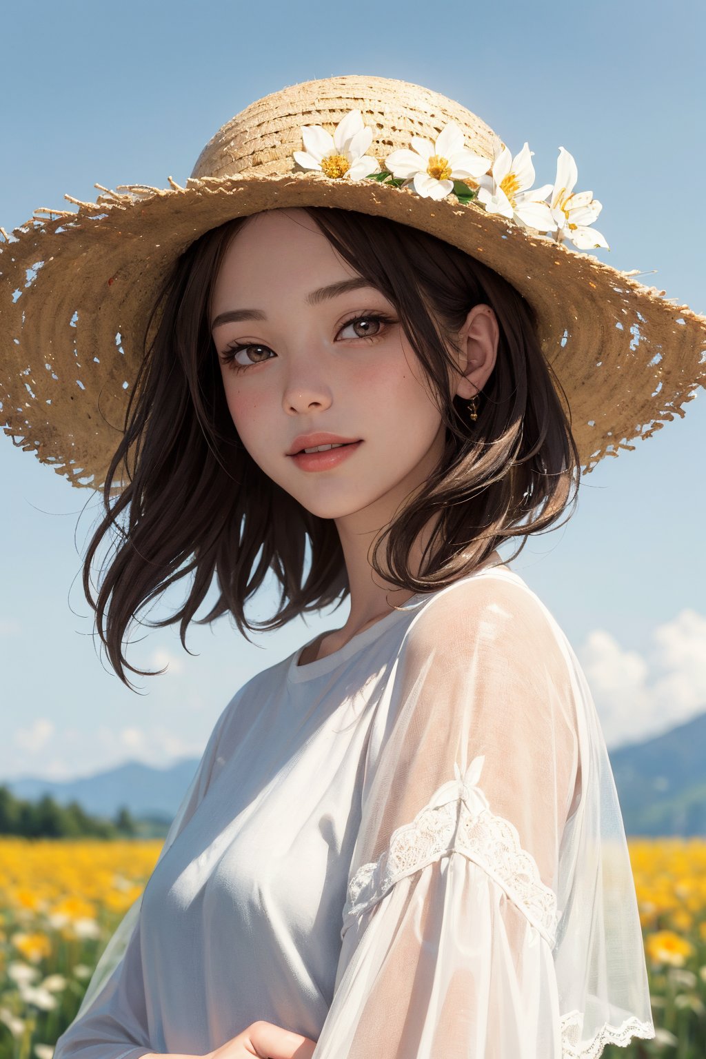 realistic, (masterpiece, best quality:1.2), beautiful and aesthetic, hires, bokeh, depth of field, HDR, godray,
1girl, flower field, Fuji mount, white dress, straw hat, cute smile, (brunette, brown eyes, medium hairs),