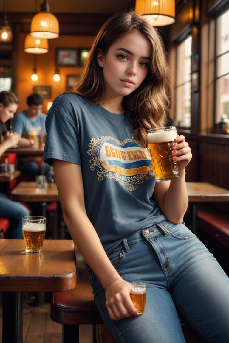 Full-length photograph, distant view, wide focus, 1Girl sitting in a pub, dressed in a T-shirt and jeans, tired, holding a glass of beer, masterpiece, maximum reality, detailed textures, high-quality shadows,cinematic_warm_color