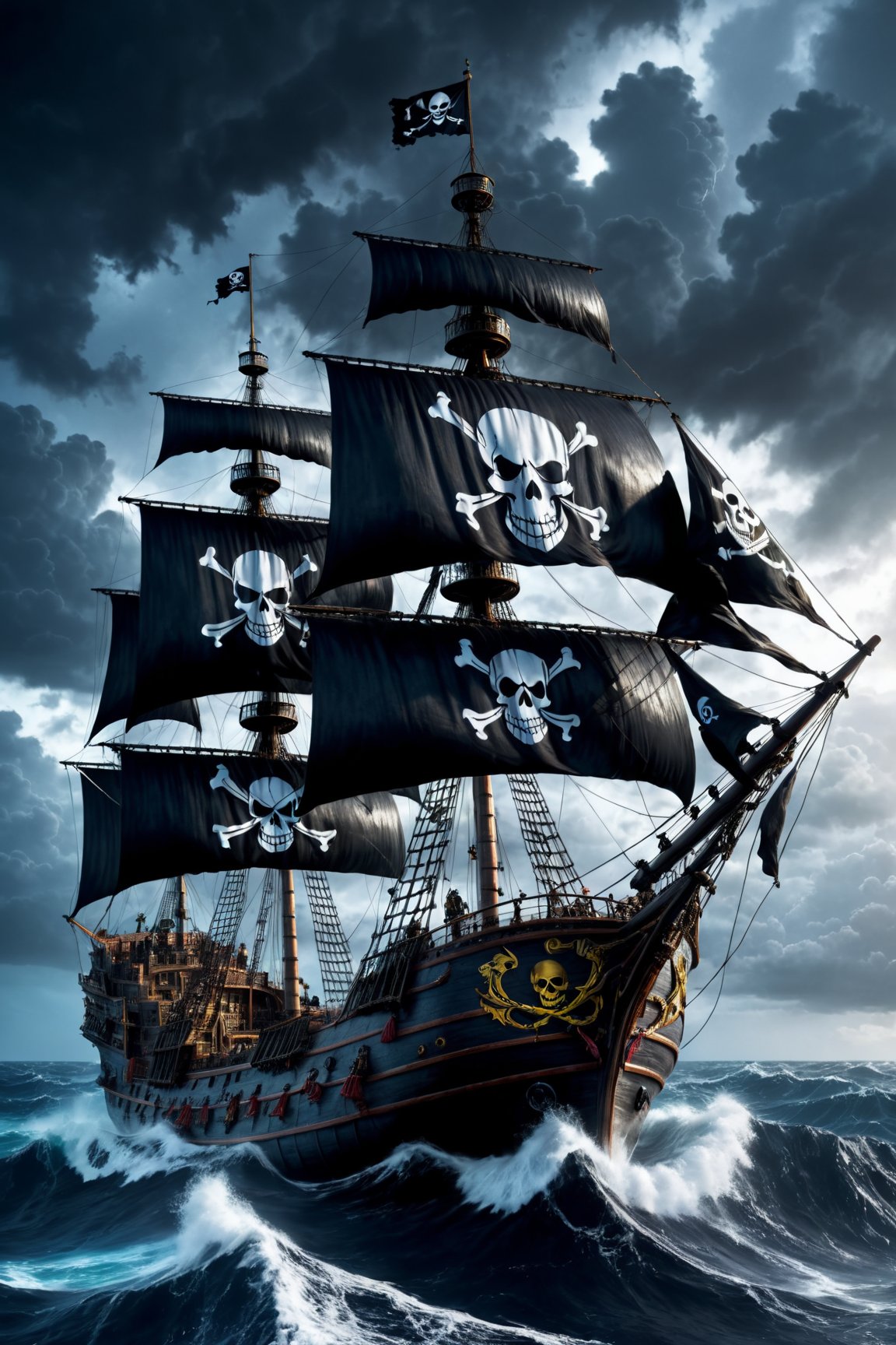 Realistic, hyper detailed, award winning masterpiece, full body portrait, ((ultra-high resolution 16k intense color portrait)), in the deep ocean, rough sea waves a large pirates ship with a black skull flag on top, ultra realistic, Hyper, vibrant light, storm, clouds, lightning, rough weather cinematic background