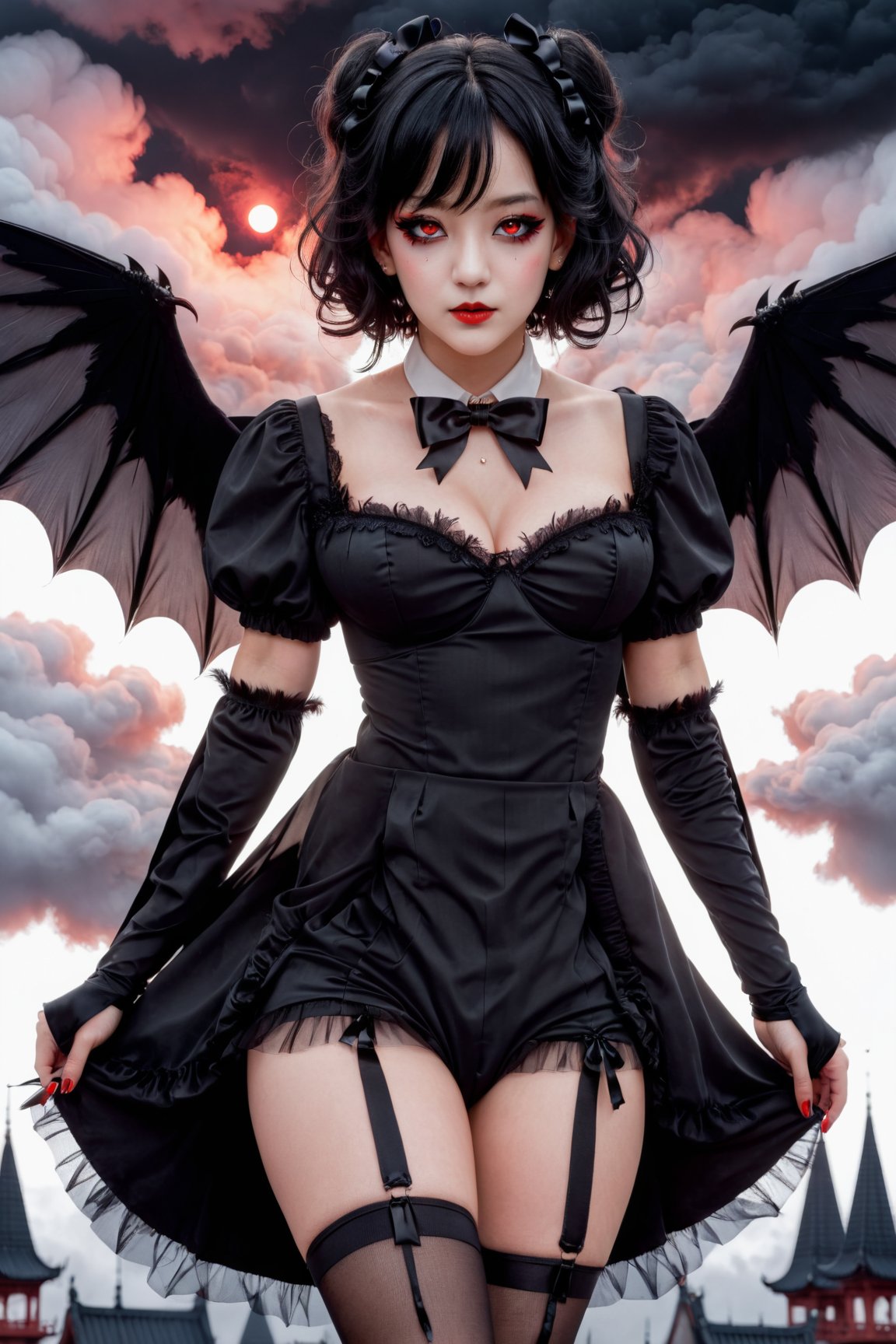 (((masterpiece))),best quality, extremely detailed CG unity 8k, illustration, contour deepening beautiful detailed glow,(beautiful detailed eyes), (1 girl:1.1), ((Bana)), large top sleeves, Floating black ashes, Beautiful and detailed black, red moon, ((The black clouds)), (black Wings) , a black cloudy sky, burning, black dress, (beautiful detailed eyes), black expressionless, beautiful detailed white gloves, (crow), bat, (floating black cloud:1.5),white and black hair, disheveled hair, long bangs, hairs between eyes, black knee-highs, black ribbon, white bowties, midriff,{{{half closed eyes}}},((Black fog)), Red eyes, (black smoke), complex pattern, ((Black feathers floating in the air)), (((arms behind back)))