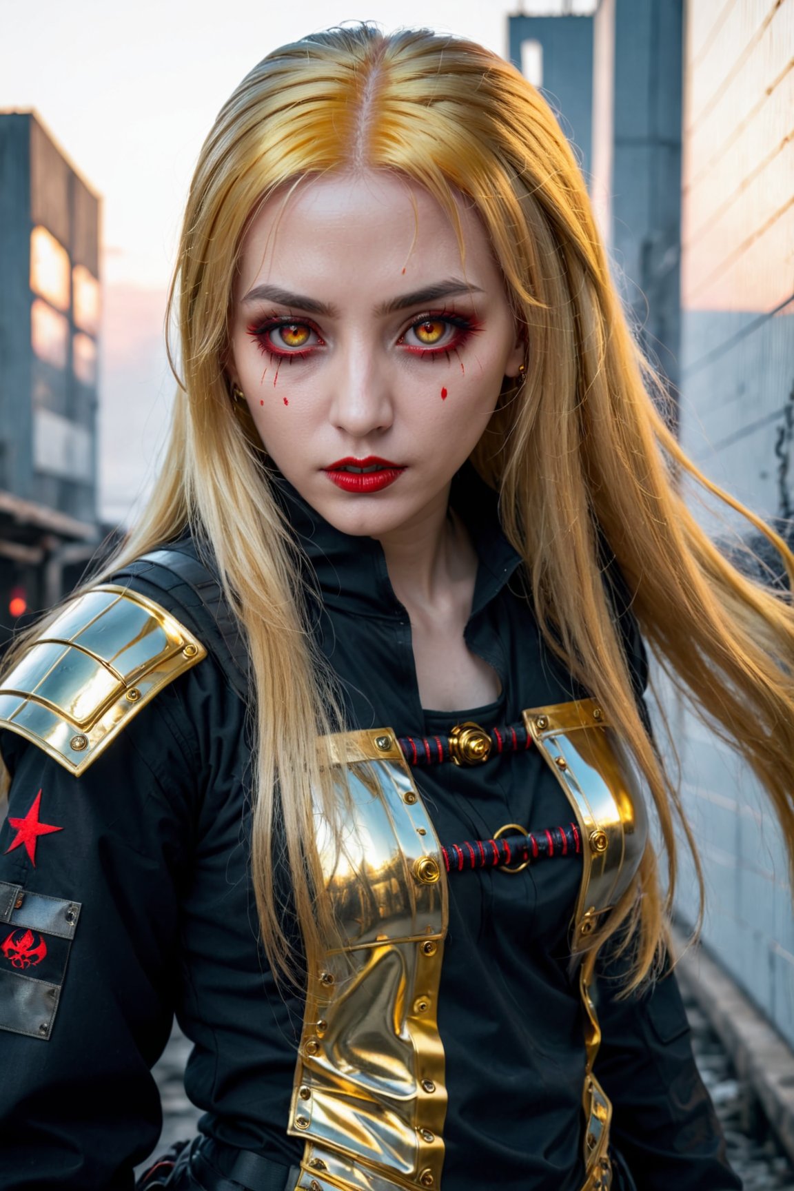 Red eyes, evil, golden, shiny, gold hair,High detailed ,midjourney,perfecteyes,Color magic,urban techwear,hmochako,better witch,witch, witch,Long hair,free style,horror (theme)