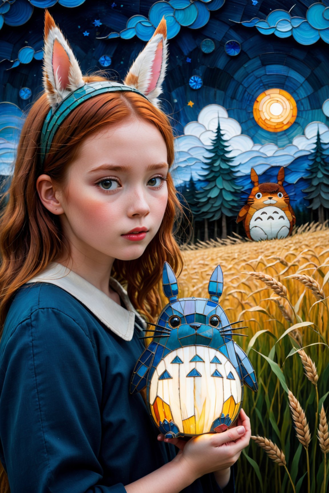 fine art, oil painting, two parts in one art, double exposure, best quality, dark tales, close up cute detailed ginger-haired girl and big fluffy Totoro in the rye field under Van Gogh starry sky, forest, detailed face, Craola, Dan Mumford, Andy Kehoe, 2d, flat, cute, adorable, vintage, art on a cracked paper, patchwork, stained glass, fairytale, storybook detailed illustration, cinematic, ultra highly detailed, tiny details, beautiful details, mystical, luminism, vibrant colors, complex background