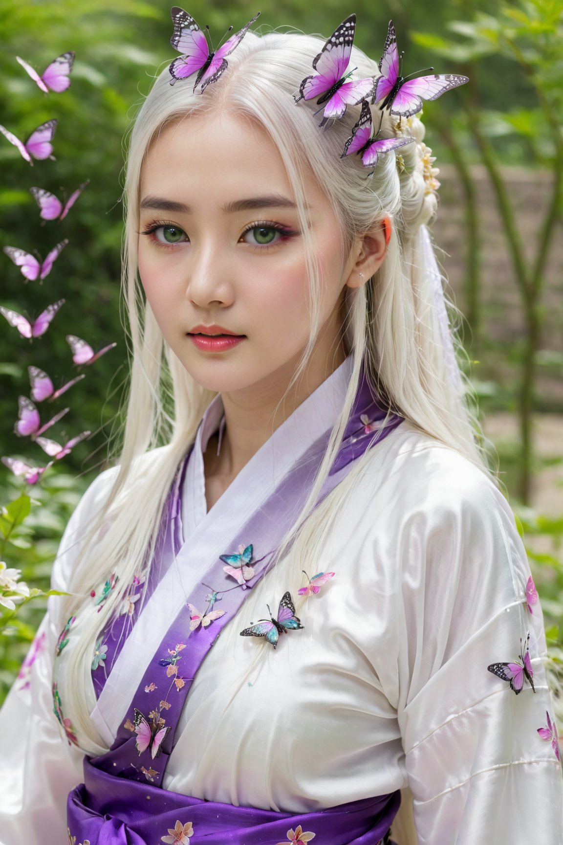 1 girl, solo, long white hair, shiny green eyes, detailed eyes, blink and youll miss it detail, silk hanfu, white robe hanfu, purple glittering butterflies, outdoors, flower garden, high quality, ancient chinese hanfu, floral background, very detailed