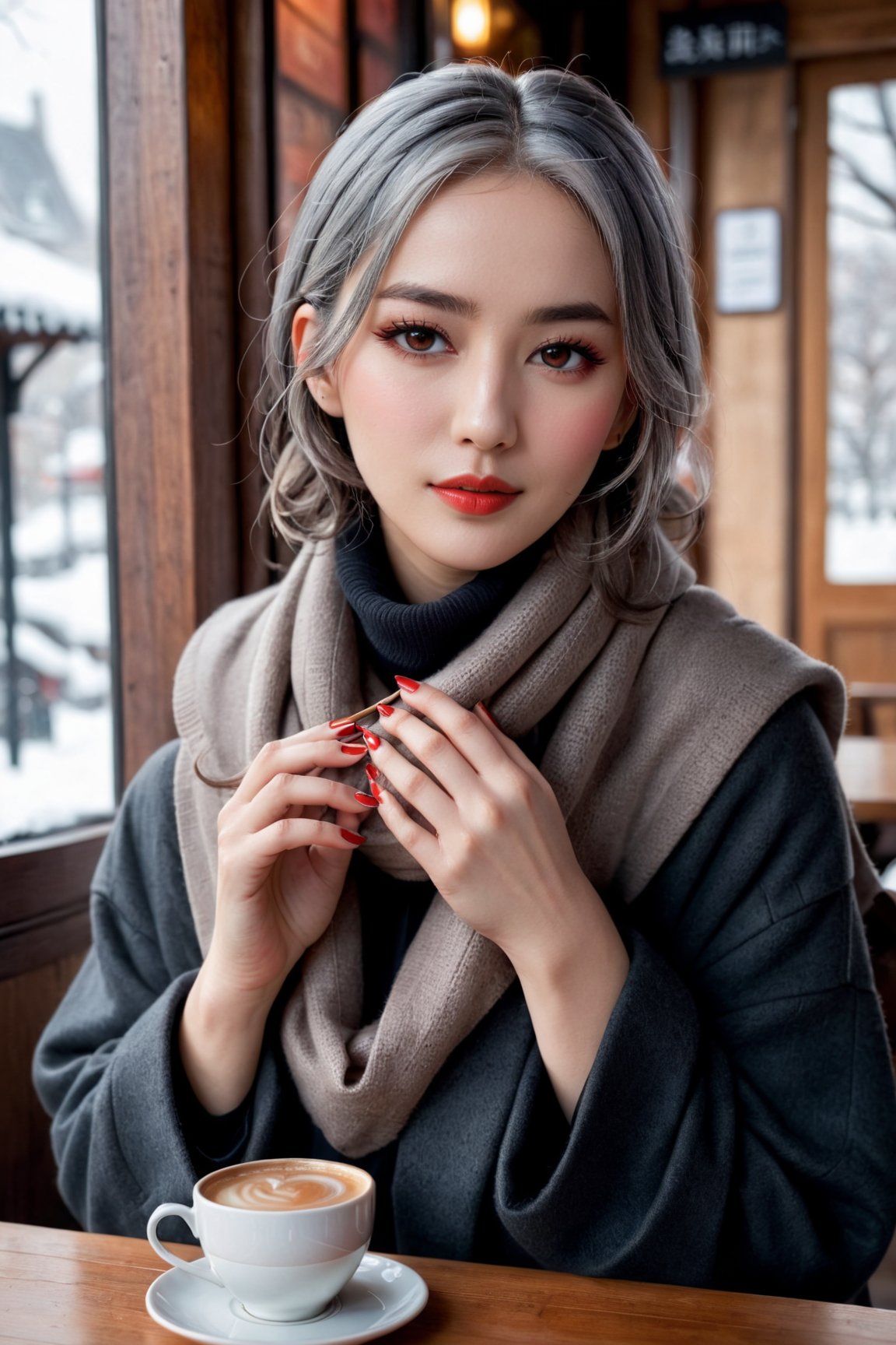 amiya(arknights), 1girl,8k wallpaper,extremely detailed figure, amazing beauty, detailed characters, {detailed background},aestheticism, sitting, winter, coffee shop, corner, coat, scarf, large breasts, gray hair, red eyes, emotionless, obedient, obedient, thick eyebrows, small nose, full lips, long eyelashes, delicate neck, slender shoulders, bare arms, delicate hands, long fingers, pointed nails, high cheekbones, oval face, smooth skin, rosy cheeks, cup of coffee, saucer, steam, warm, cozy, comfortable, relaxed, calm, quiet, peaceful, serene, contemplative, close-up, best quality, amazing quality, very aesthetic, absurdres