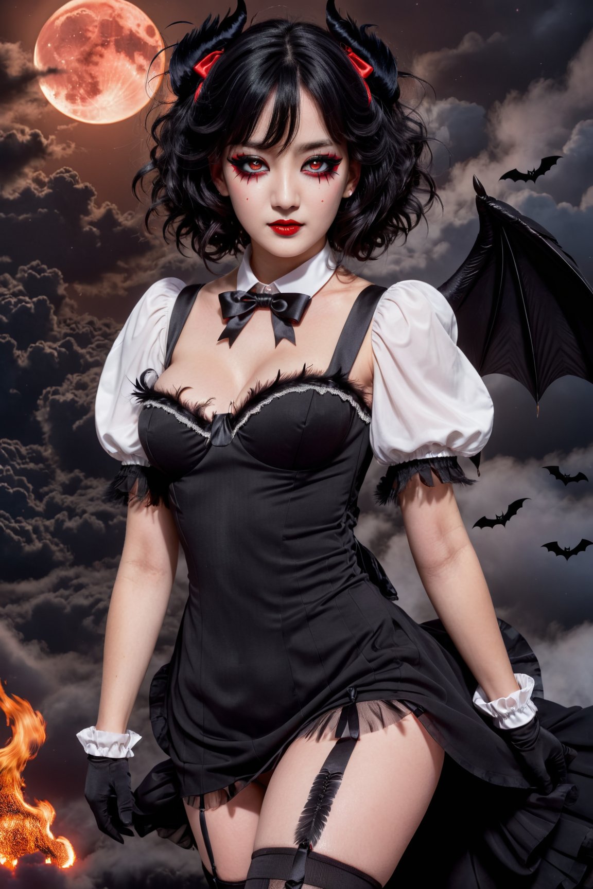 (((masterpiece))),best quality, extremely detailed CG unity 8k, illustration, contour deepening beautiful detailed glow,(beautiful detailed eyes), (1 girl:1.1), ((Bana)), large top sleeves, Floating black ashes, Beautiful and detailed black, red moon, ((The black clouds)), (black Wings) , a black cloudy sky, burning, black dress, (beautiful detailed eyes), black expressionless, beautiful detailed white gloves, (crow), bat, (floating black cloud:1.5),white and black hair, disheveled hair, long bangs, hairs between eyes, black knee-highs, black ribbon, white bowties, midriff,{{{half closed eyes}}},((Black fog)), Red eyes, (black smoke), complex pattern, ((Black feathers floating in the air)), (((arms behind back)))