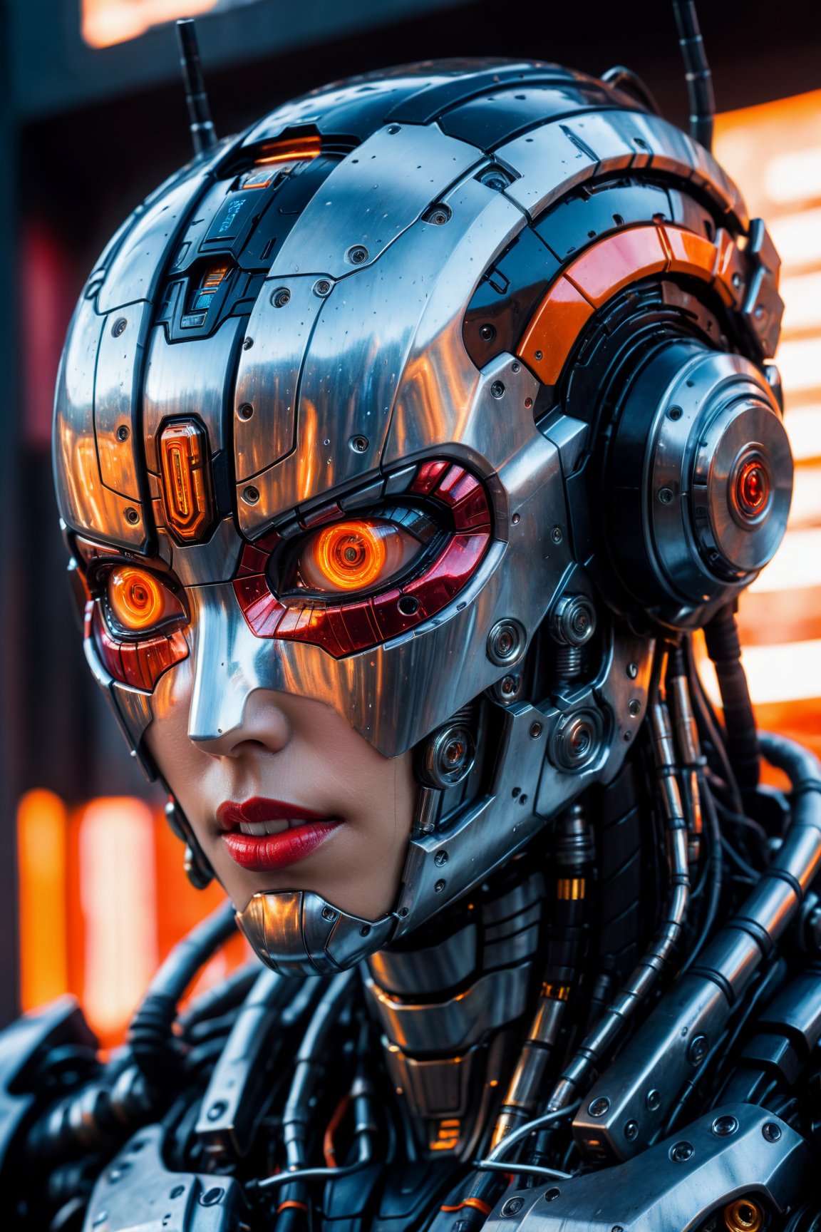 a close up symmetrical portrait of a cyberpunk gangster, biomechanical, mshn robot, splashes of orange red, hyper realistic, intricate design, (insanely detailed:1.4), (extremely fine details:1.35), Extremely sharp lines, steel, cinematic lighting, Photorealistic, a detailed painting by Ayami Kojima and Lilia Alvarado, (best quality, high quality, absurdres, intricate detail, masterpiece, cinematic), highly detailed, motion blur, film grain, noise, lens effects,
