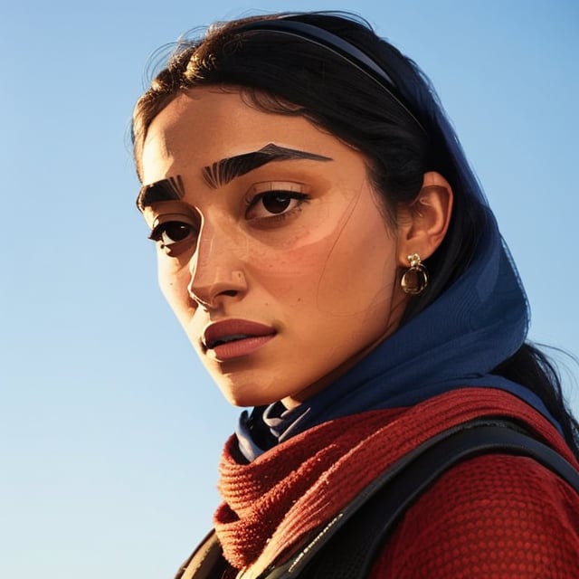 full format Modern Warfare still of Golshifteh Farahani, realistic skin, Meybis Ruiz Cruz, photorealistic, perfectly framed view, stylized features, backlighting, in the style of the cycle frontier, More Detail, photorealistic, 