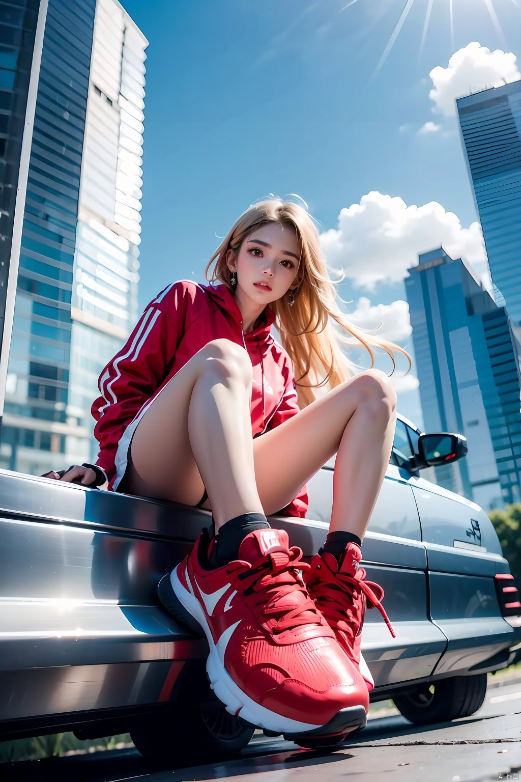 1girl,blonde hair,blue sky,blurry background,building,city,cloud,cloudy sky,day,depth of field,earrings,from below,ground vehicle,full body,From below,Looking up,Shoes close to the camera,Sitting on the roof of the car,Red sports shoes,Sitting posture,jewelry,lips,long hair,looking at viewer,motion blur,motor vehicle,outdoors,parted lips,red footwear,shoes,sitting,sky,skyscraper,sneakers,solo