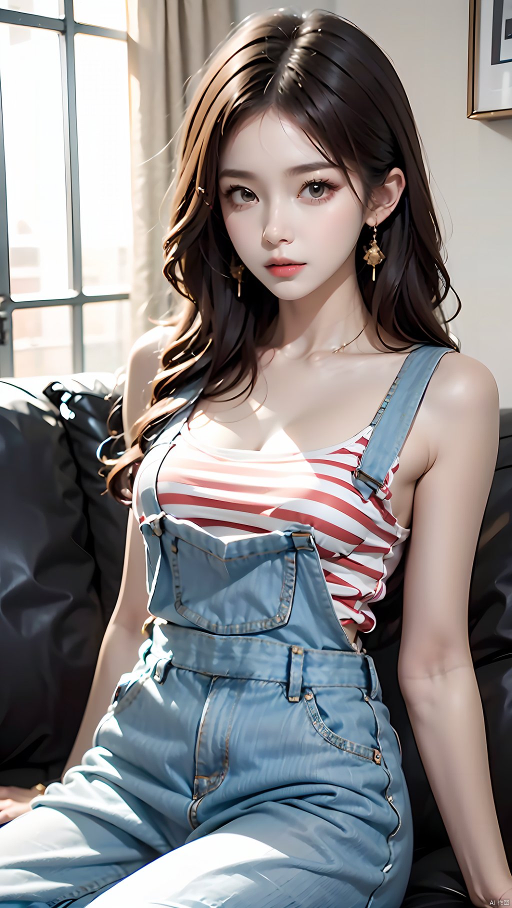 1girl,breasts,brown eyes,brown hair,cleavage,collarbone,earrings,Striped suspender T-shirt,Girl's posture,Sitting on the sofa,Sitting posture,Denim suspender pants,jewelry,long hair,looking at viewer,medium breasts,nail polish,sitting,solo