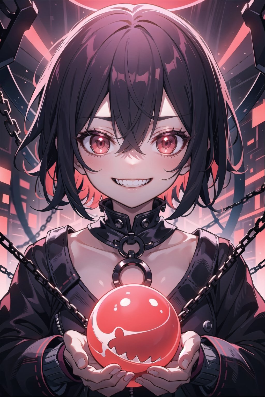 masterpiece, red glowing,  savage,  light (red light),  one girl,  cover hands,  crazy,  short hair,  glowing light,  scary,  jail,  escape,  chains , crazy , evil crazy smile,  sharp smile,  orb,<lora:EMS-268802-EMS:1.000000>