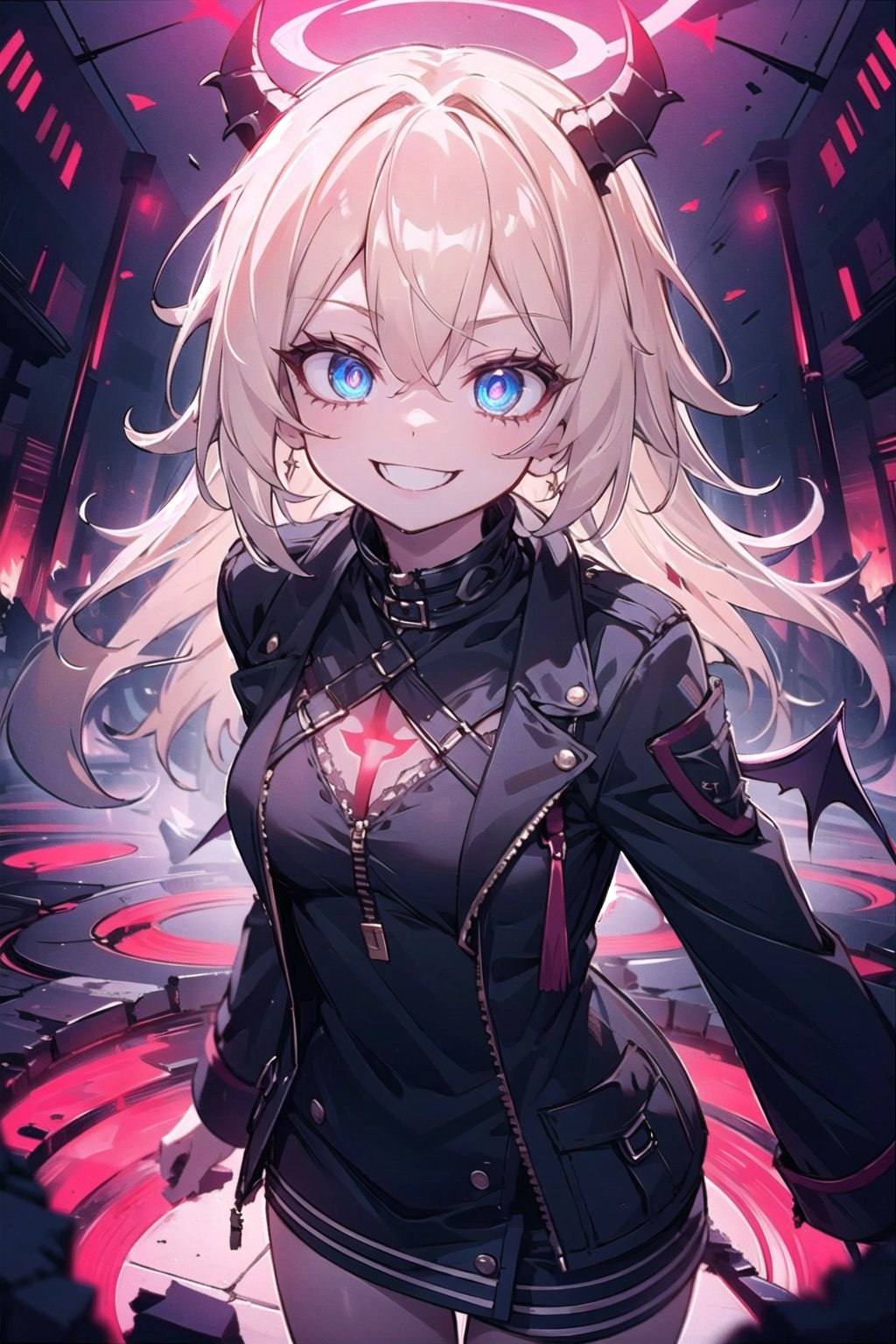 masterpiece, ultra-detailed,red glowing, savage,  light (red light), one girl demon, fnags,(blonde hair, long hair, blue eyes), crazy, short hair, glowing light, spectral atmosphere, hell, ruins, hell city ,crazy ,evil crazy smile, open month 