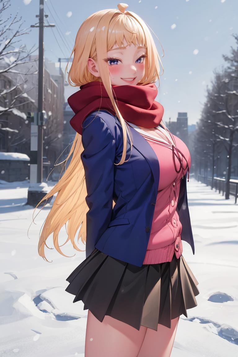 masterpiece, best quality, absurdres, FuyukiMinami, blue jacket, pink cardigan, cleavage, red scarf, grey skirt, smile, outdoors, snow, blush, arms behind back, <lora:FuyukiMinami:1>