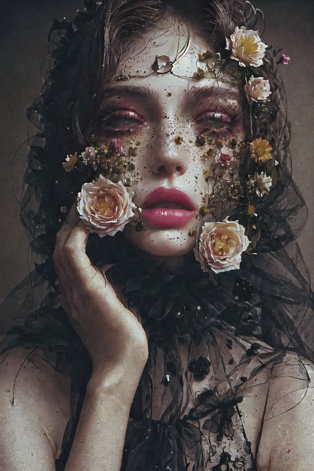 Fashion photography, style by Anna Sui, a woman with a flower on her face, stuff of nightmares, pollen, listing thumbnail, inspired by Rose O’Neill, puke, soft femme ,flowers