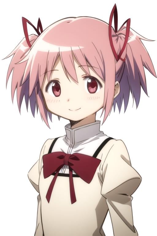 solo, 1girl, looking at viewer, sketch, flat colors, 2D, anime, anime coloring, upper body, (solid white background:1.3), <lora:madoka-madomagi-01:0.8>, madoka kaname, short hair, school uniform, smile