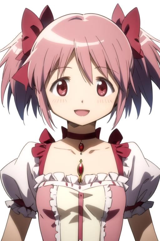 solo, 1girl, looking at viewer, sketch, flat colors, 2D, anime, anime coloring, upper body, (solid white background:1.3),  <lora:madoka-madomagi-01:0.8>, madoka kaname, short hair, magical girl, choker, smile, :d