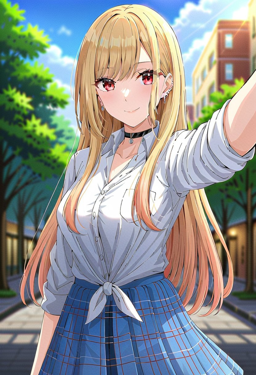 ((masterpiece, best quality)), (ultra detailed, extremely detailed, high resolution), (colorful, anime art style, soft light), highly detailed, detailed background, 8k, UHD, high budget, (cute 1girl in city street, selfie), (Kitagawa Marin), ((perfect hands)), (perfect eyes), (beautiful face), (choker, white shirt, blue skirt, stockings), (long hair), blonde hair, (red eyes), earrings with jewels, tattoos, (posing),Kitagawa Marin