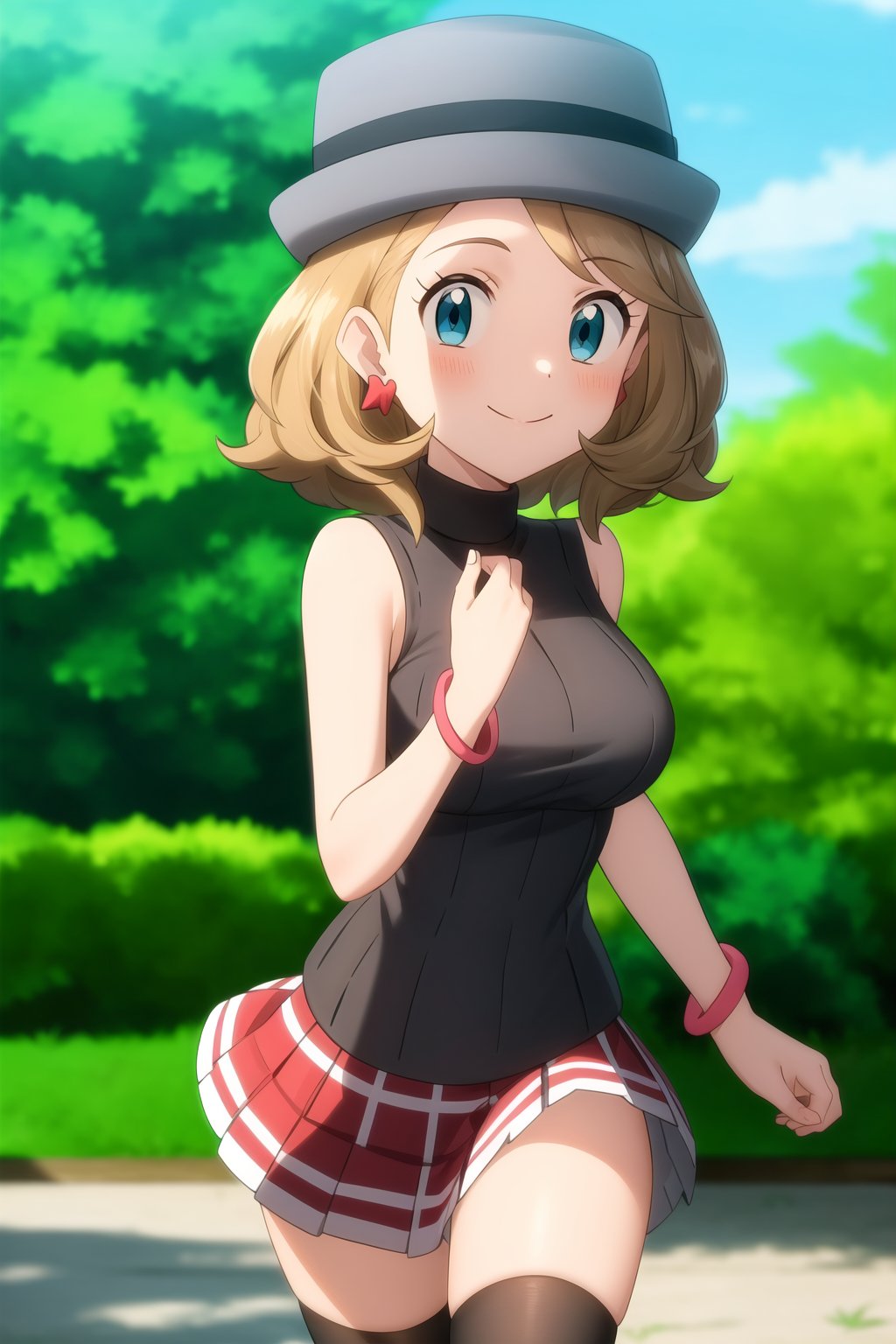 Masterpiece, Serenaj, 1girl, grey headwear, solo, outdoors, thighhighs, blue eyes, smile, skirt, jewelry, hat, sweater vest, sleeveless, closed mouth, sleeveless turtleneck, bracelet, red skirt, earrings, eyelashes, bangs, vest, turtleneck, black thighhighs, looking at viewer, grey vest, short hair, blonde hair, medium hair, breasts, pleated skirt, bare arms