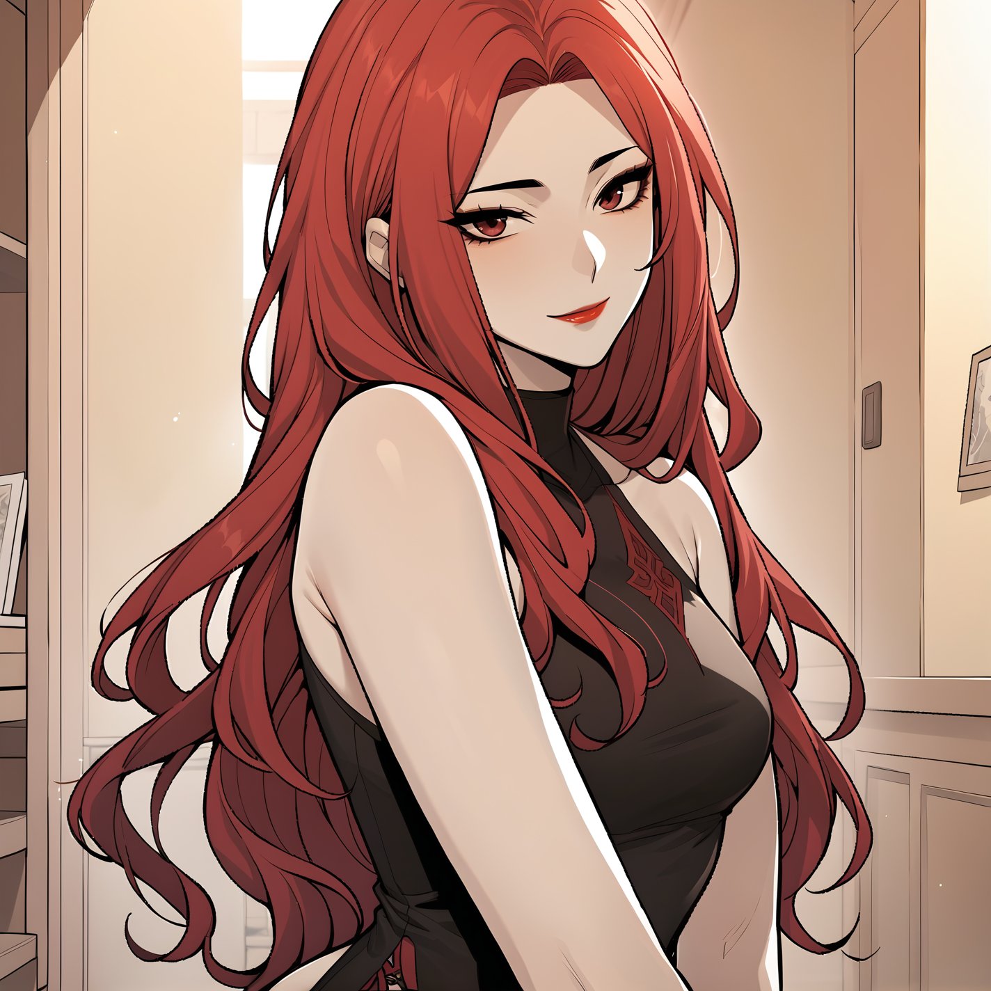 ((masterpiece, best quality, highres)), webtoon, (detailed illustration), ((cowboy shot)), perfect face, Questism style, 1girl, solo, long hair, looking at viewer, indoors, sexy, revealing_clothes, slight smile, red lips, portrait