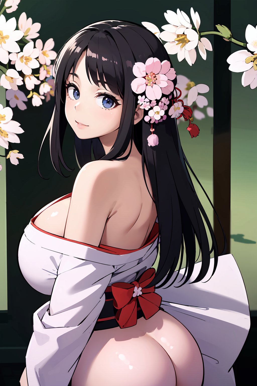 (masterpiece:1.3),  (best quality),  ultra-detailed,  HDR,  absudres,  high quality, (bokeh:-0.4), looking at viewer,  detailed face, 
=
1 girl, (huge breasts), off shoulder yukata
=
(spring traditional Japanese background:1.4,  hyper realistic Sakura blooms:1.5,  excessive:1.4),kimono, from behind,Maenoo