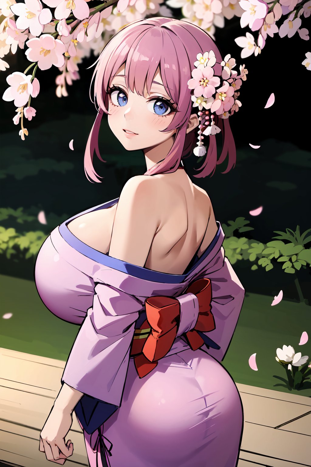 (masterpiece:1.3),  (best quality),  ultra-detailed,  HDR,  absudres,  high quality, (bokeh:-0.4), looking at viewer,  detailed face, 
=
1 girl, (huge breasts), off shoulder yukata
=
(spring traditional Japanese background:1.4,  hyper realistic Sakura blooms:1.5,  excessive:1.4),kimono, from behind,Maenoo