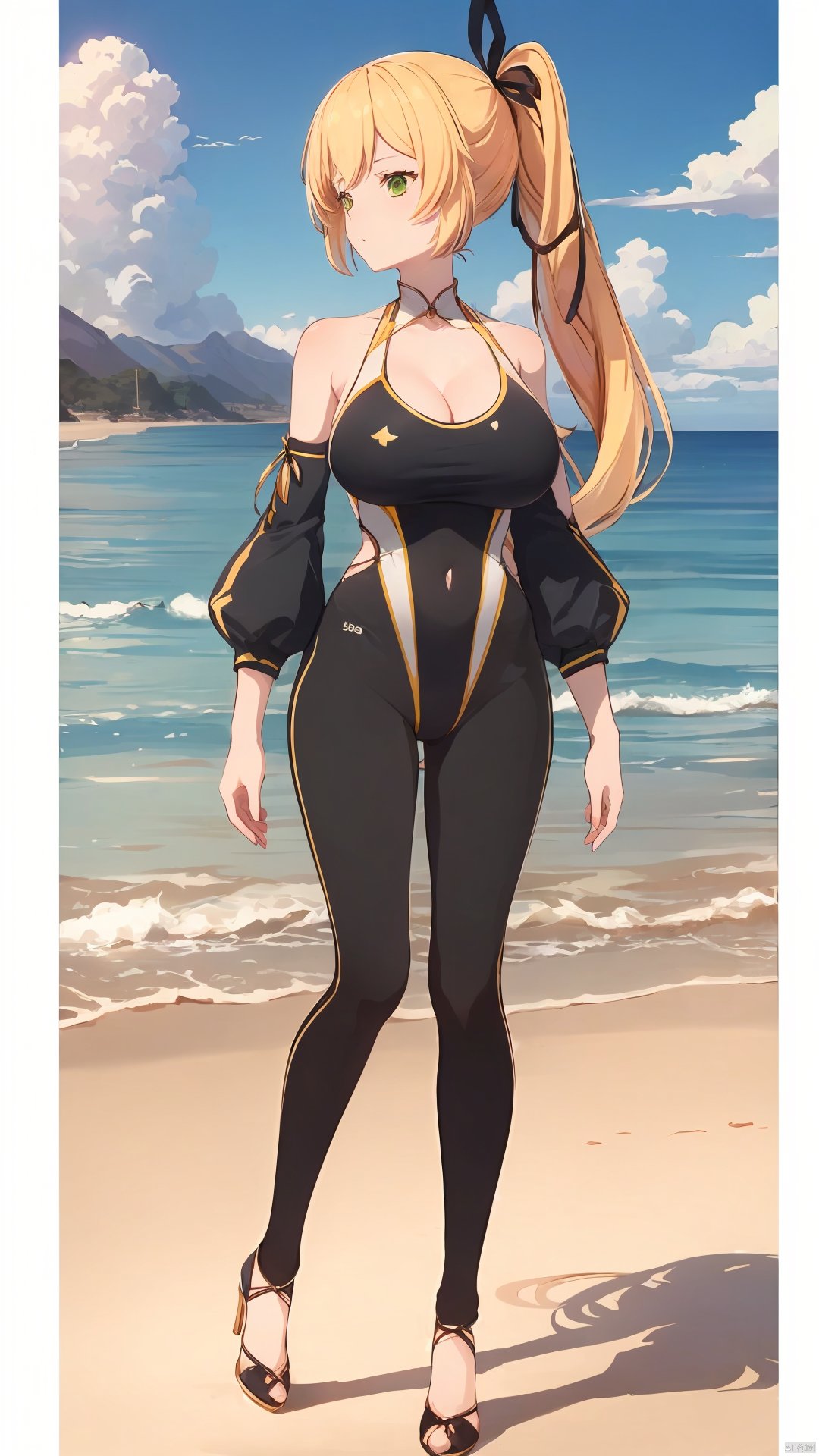 xi_xiao_tian, 1girl, solo, long hair, blonde hair, green eyes, side ponytail, hair ribbon, hair ornament, large breasts, cleavage, collarbone, bare shoulders, detached sleeves, black legwear, high heels, competition swimsuit,

on the beach, over the sea,

(full-body shot, full body:1.3),