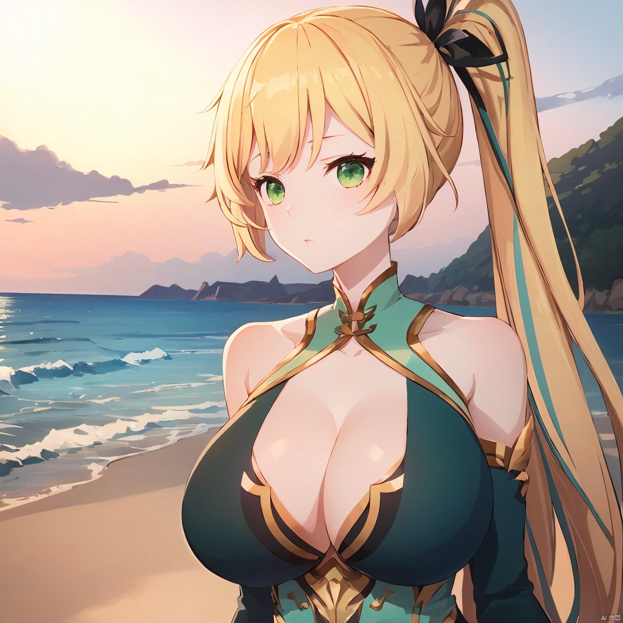 xi_xiao_tian, 1girl, solo, long hair, blonde hair, green eyes, side ponytail, hair ribbon, hair ornament, large breasts, cleavage, green dress,

on the beach, over the sea, 

(bust:1.3),