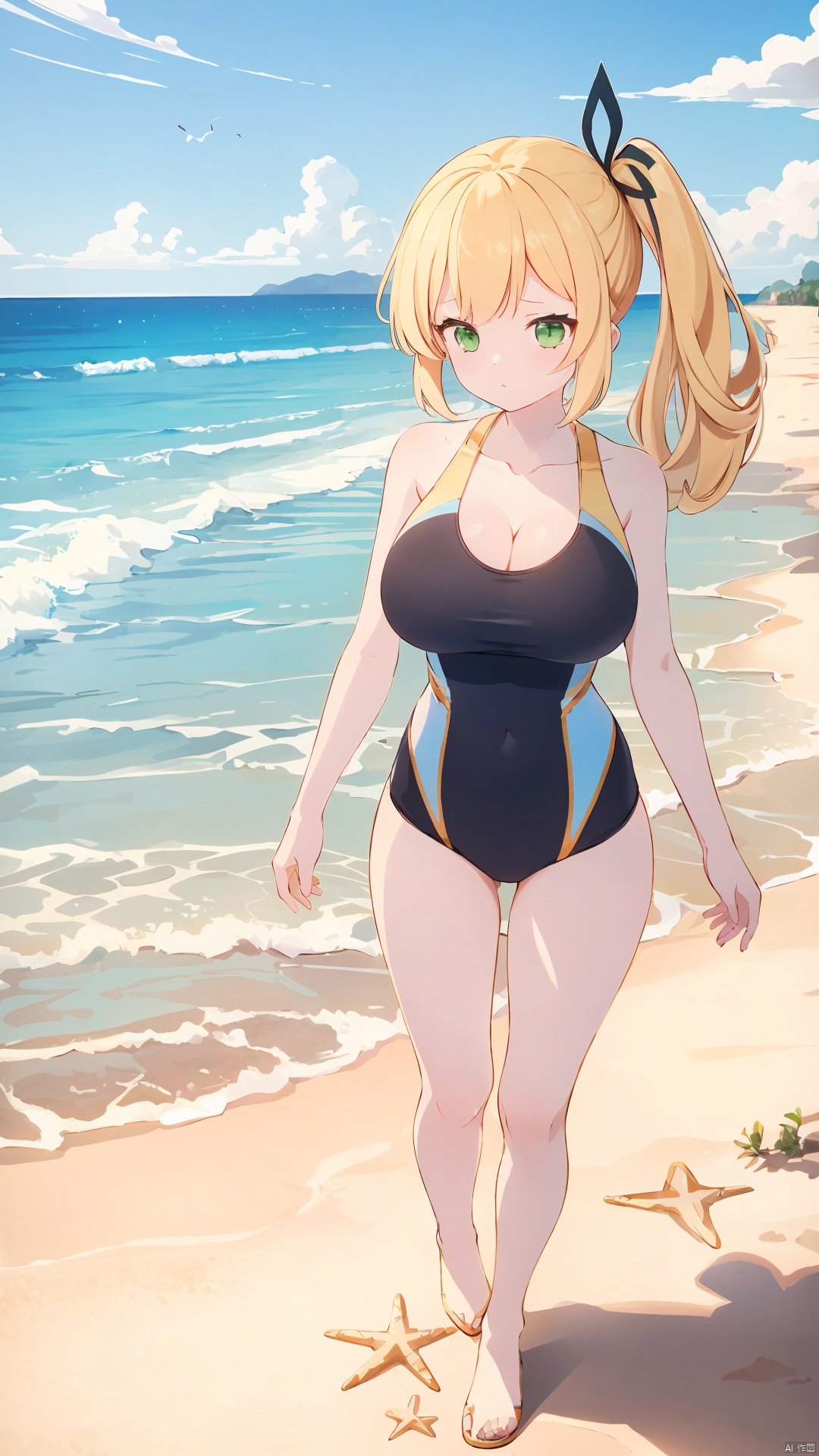 xi_xiao_tian, 1girl, solo, long hair, blonde hair, green eyes, side ponytail, hair ribbon, hair ornament, large breasts, cleavage, collarbone, competition swimsuit,

on the beach, over the sea,

(full-body shot, full body:1.3), xi_xiao_tian