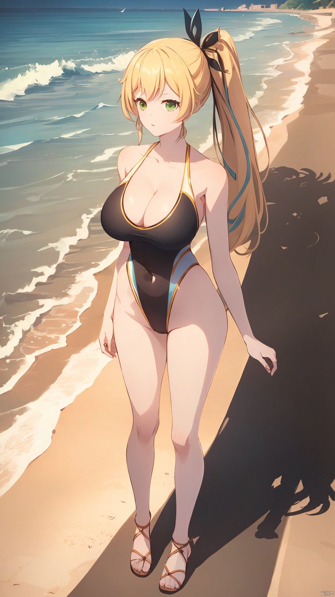 xi_xiao_tian, 1girl, solo, long hair, blonde hair, green eyes, side ponytail, hair ribbon, hair ornament, large breasts, cleavage, collarbone, competition swimsuit,

on the beach, over the sea,

(full-body shot, full body:1.3),