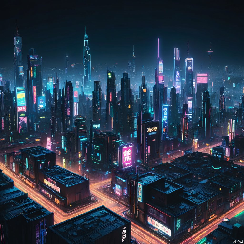 skyline of a sprawling city on a junkworld, cyberpunk, night, neon signs, spotlights, hologram,   misc  cyberpukai , (masterpiece:1.2), best quality, (hyperdetailed, highest detailed:1.2), high resolution textures, 