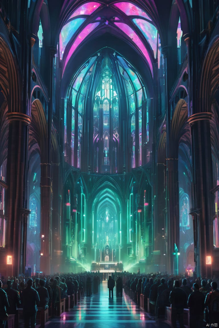 a crowd of cyborgs praying to a bio - mechanical eldritch god inside a cathedral,futuristic,gothic,cyberpunk,lovecraftian,neon colors,geometric patterns,expressionist  cyberpukai  cyborg style  future city,science fiction  teslapunkai  star citizen,100i,galaxy,aurora  c1bo 