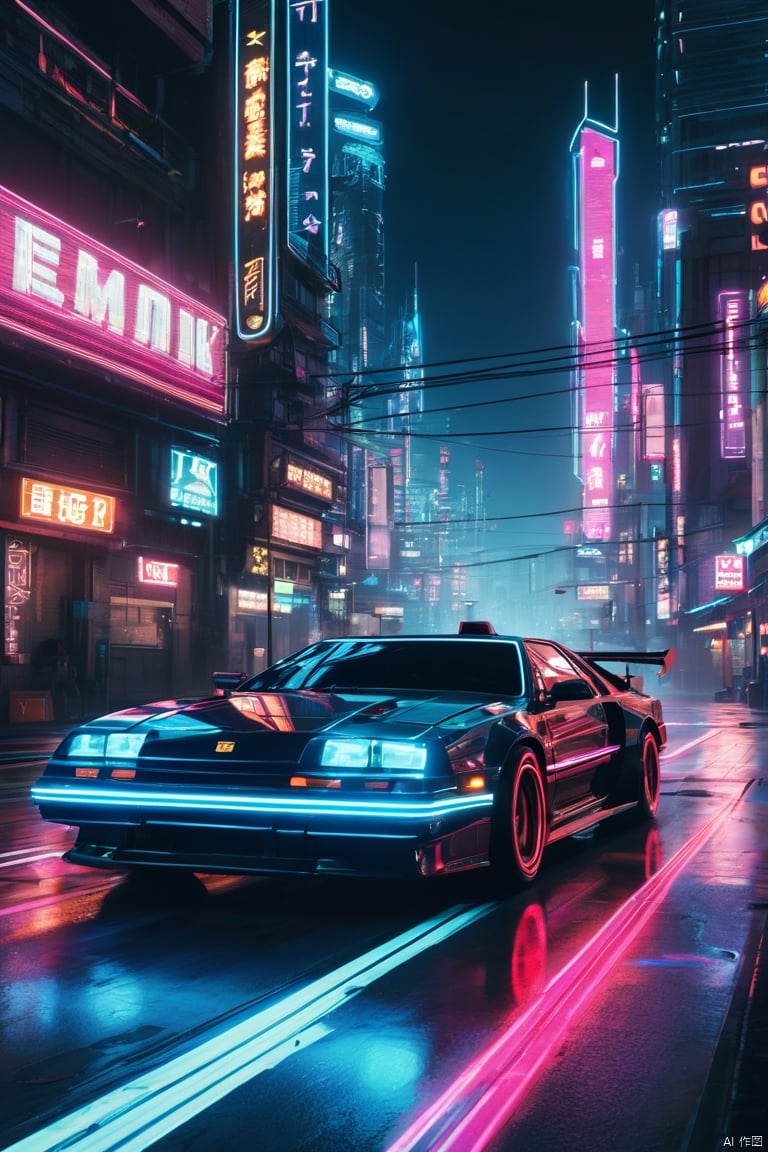 Cyberpunk city, cyberpunk car driving, neon lights, night, masterpiece, 4k, best quality, slight motion blur, photorealism