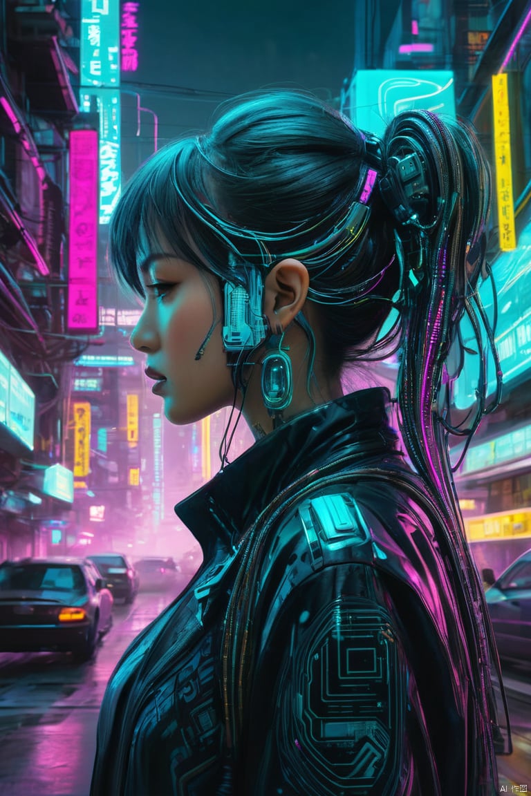 profile of a cyberpunk city girl, swirling ink forming holograms, in the style of aaron horkey, neon lights, teal, magenta, yellow, (cables, implants, cyberware:1.3),  cyberpukai , (masterpiece:1.2), best quality, (hyperdetailed, highest detailed:1.2), high resolution textures, 