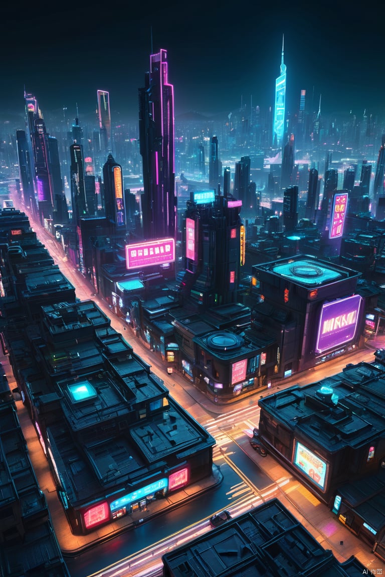 skyline of a sprawling city on a junkworld, cyberpunk, night, neon signs, spotlights, hologram,   misc  cyberpukai , (masterpiece:1.2), best quality, (hyperdetailed, highest detailed:1.2), high resolution textures, 