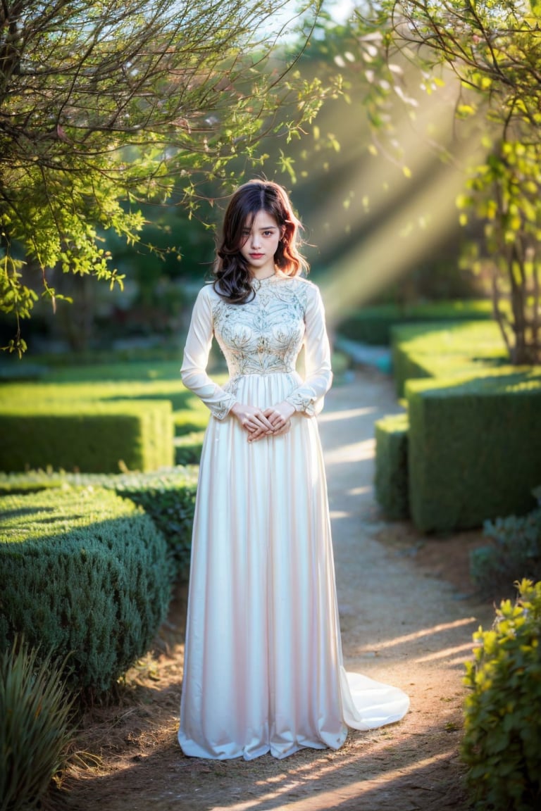 The image depicts a person in a white dress with their face obscured, standing outdoors amidst ethereal lighting. The person is wearing a long, white dress with intricate designs on the sleeves. Their face is obscured by a blurred square, making identification impossible. They are standing in an outdoor setting that appears to be a garden or forest, with trees and rocks visible in the background. Ethereal beams of light filter through the trees, casting an otherworldly glow on the scene. There's a mystical or serene atmosphere created by the combination of natural elements and lighting.