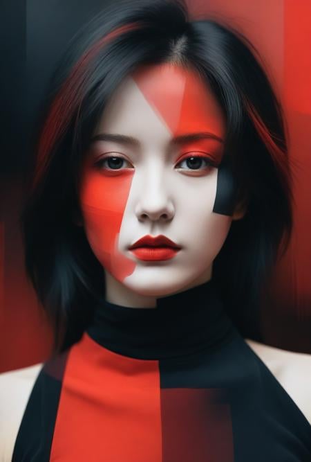 <lora:LCMTurboMix_LCM_Sampler:1>,abstract portrait of 1girl,undefined gender,fragmented visual style,red and black color palette,evokes feelings of rebellion,passion,and freedom,blurred boundaries,high resolution,aesthetic,